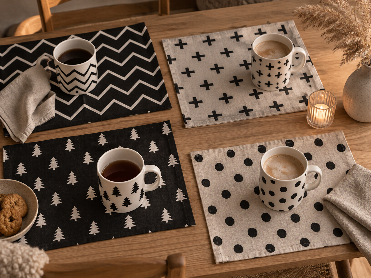 Vier Tischsets mit Zickzack, Kreuzen, Tannen und Punkten (KI-generiertes Bild)